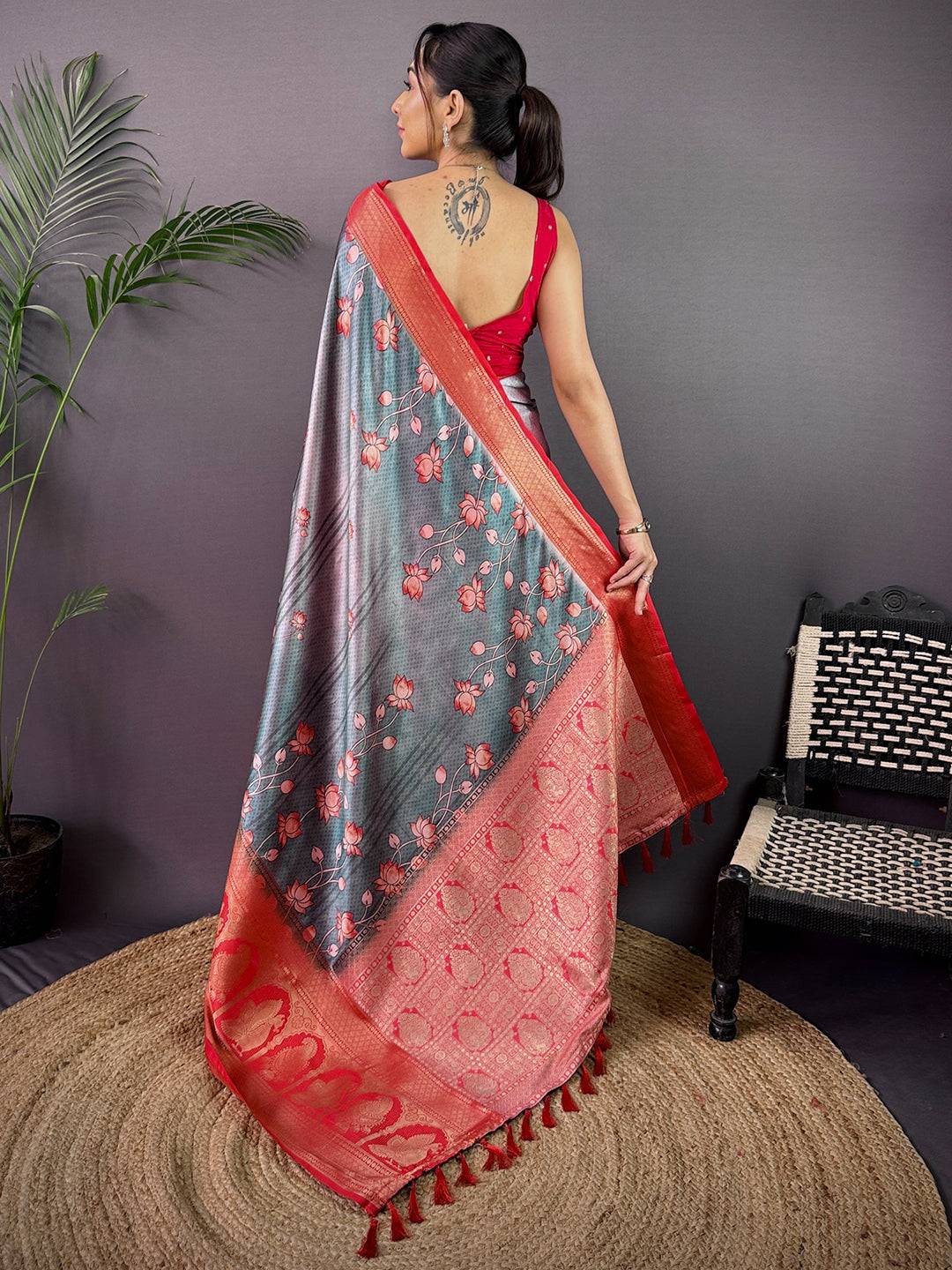 Artisan Soft Cherry Satin Kalamkari Print Saree