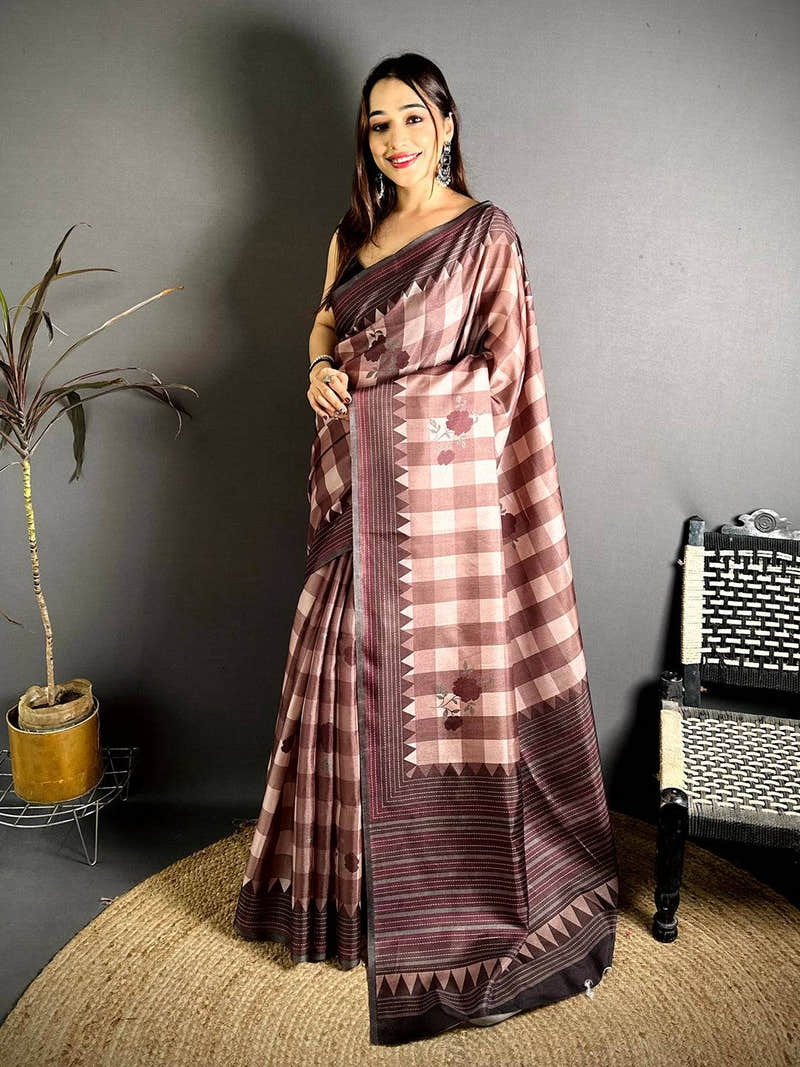 Cocoa Checks Kantha Border Tussar Saree