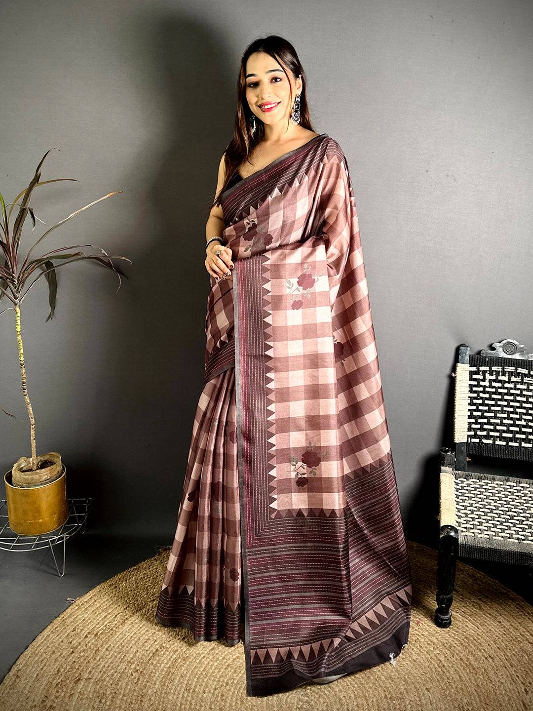Cocoa Checks Kantha Border Tussar Saree