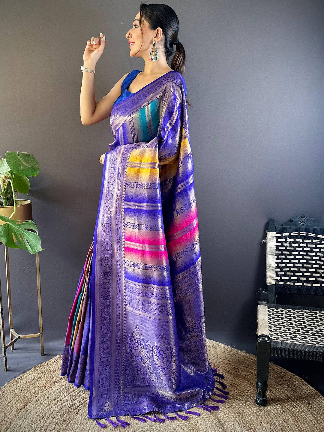 Regal Purple Stripes Banarasi Silk Saree