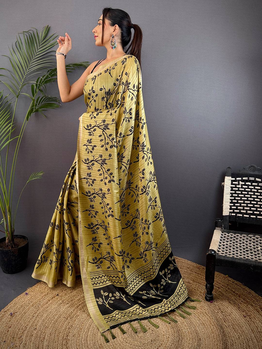 Mustard Yellow Ghicha Leaf Print Saree