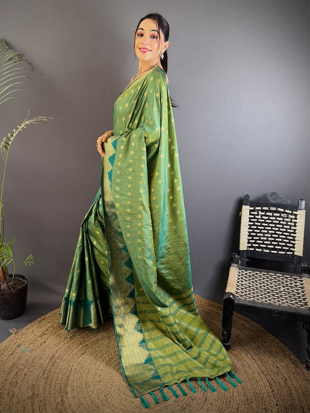 Green Hand Dyed Raw Silk Saree