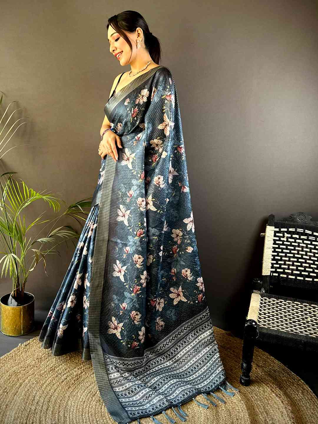 Steel Blue Tissue Chanderi Digital Check Saree