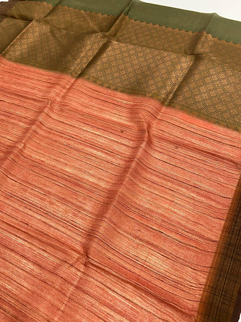 Rust Orange Tussar Ghicha Print Saree