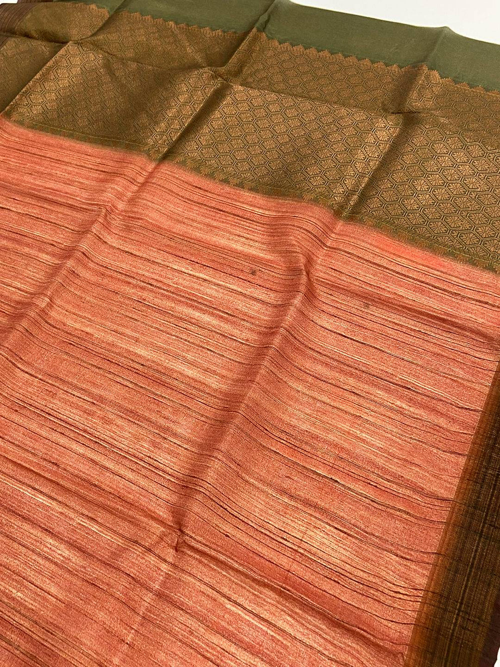 Rust Orange Tussar Ghicha Print Saree