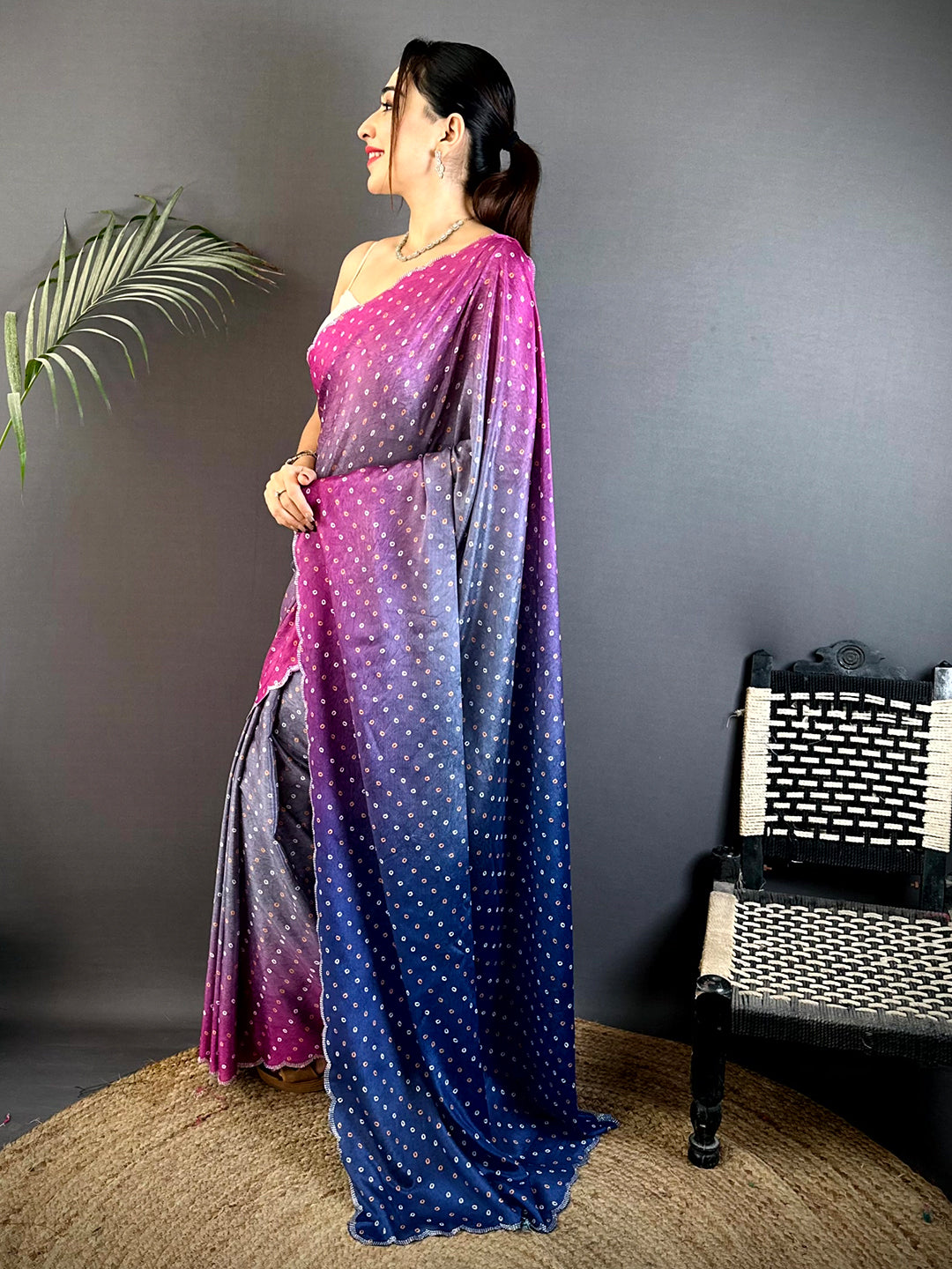 Artistic Chiffon Bandhej Swarovski Saree