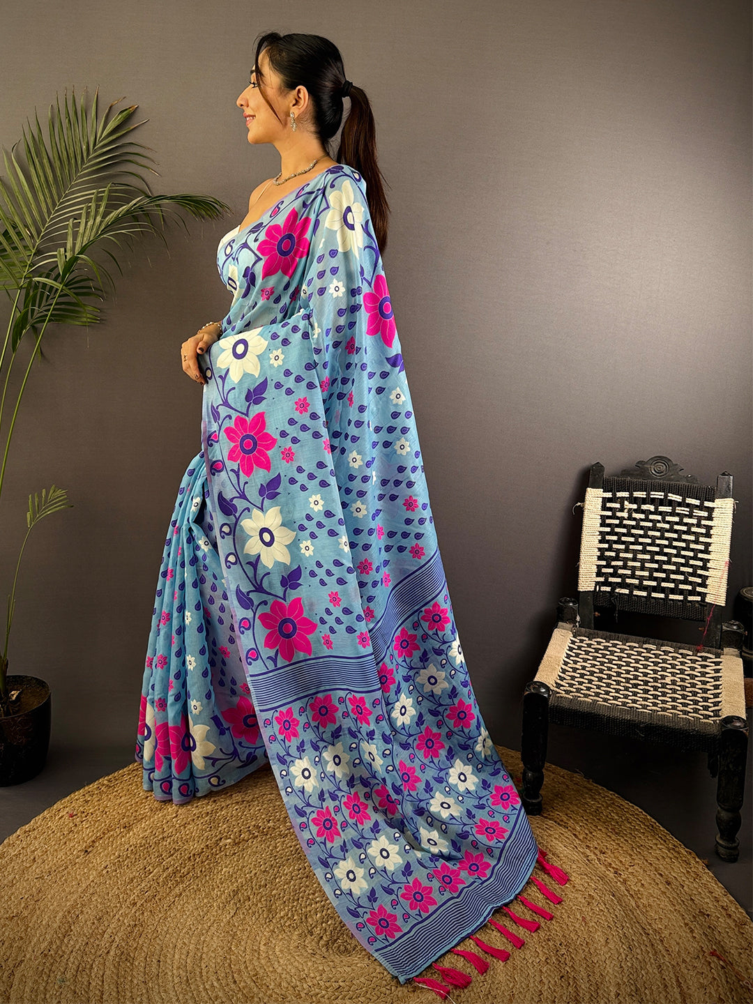 Radiant Sky Blue Dhakai Jamdani Cotton Silk Saree