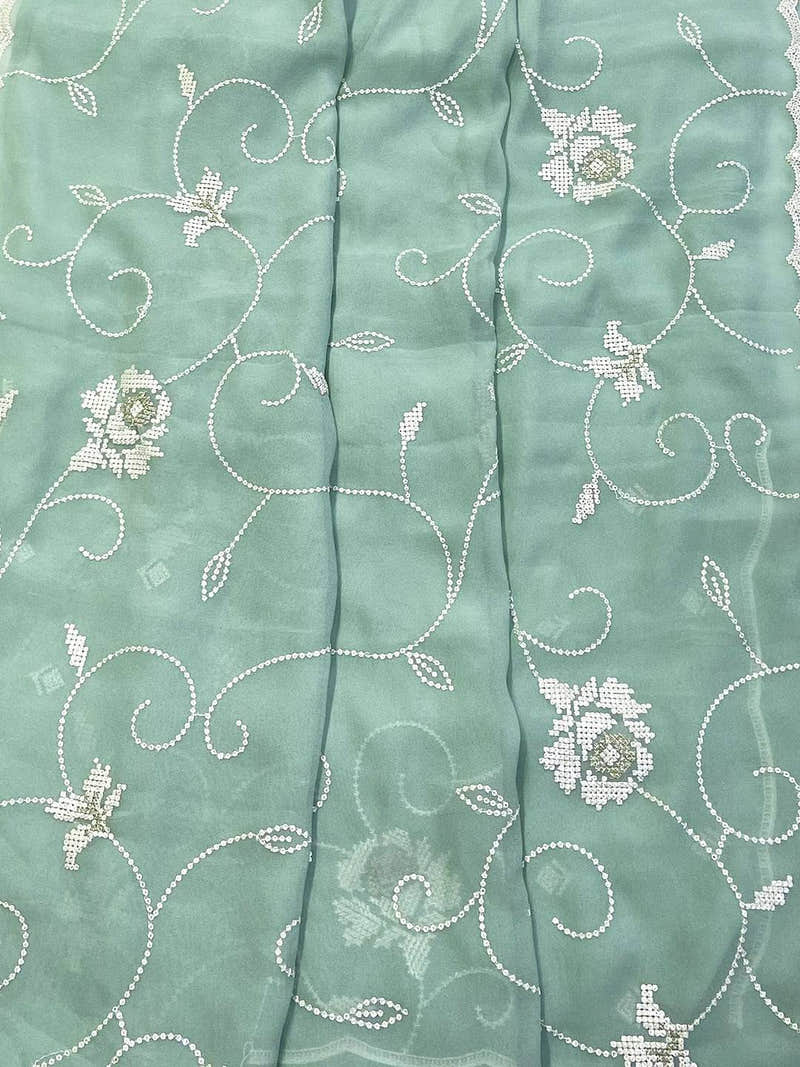 Pista Georgette Sequin Embroidery Saree