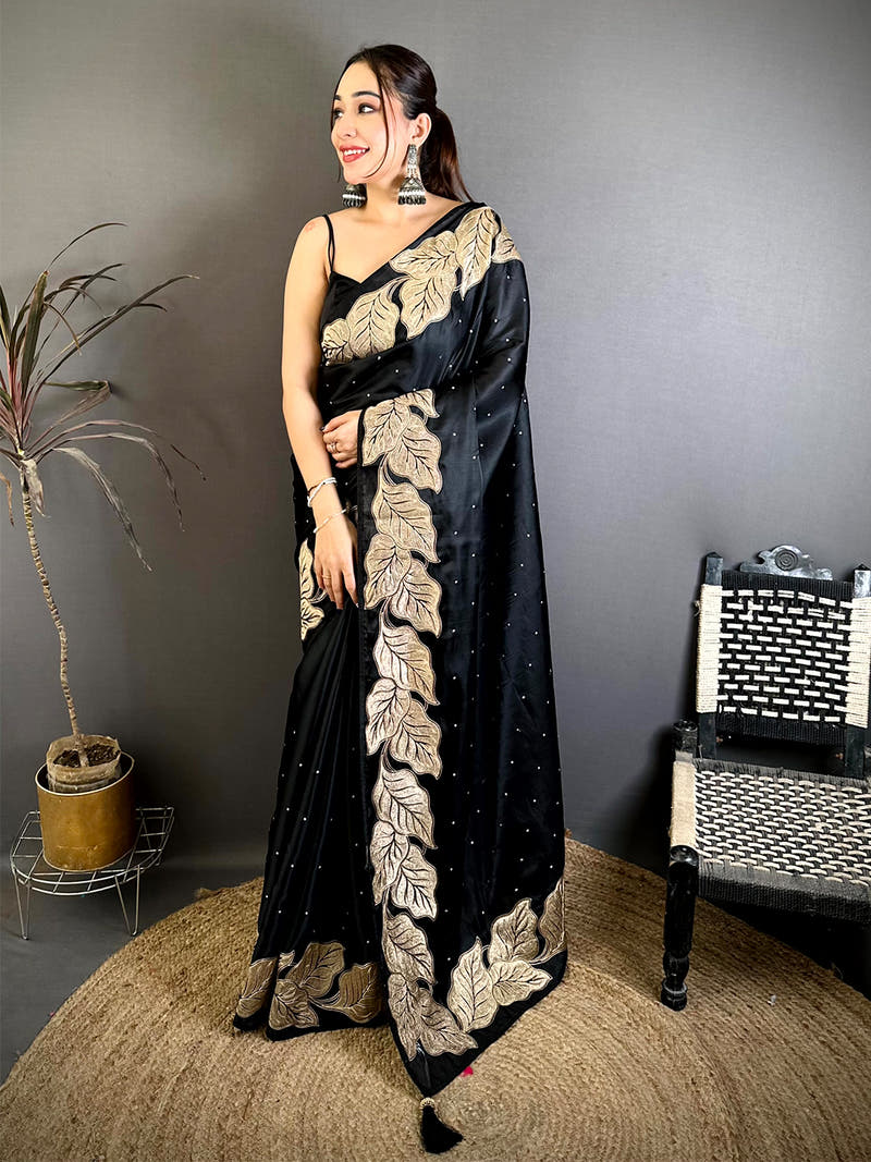 Black Soft Cherry Satin Zari Embroidery Saree