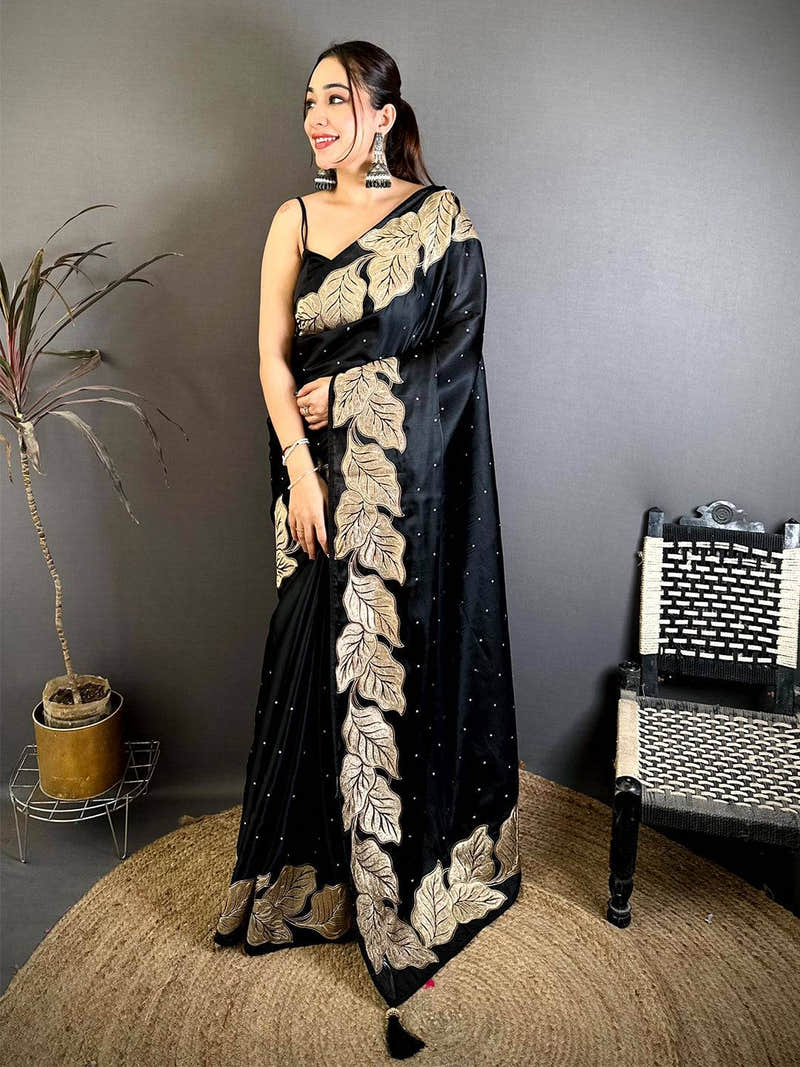 Black Soft Cherry Satin Zari Embroidery Saree