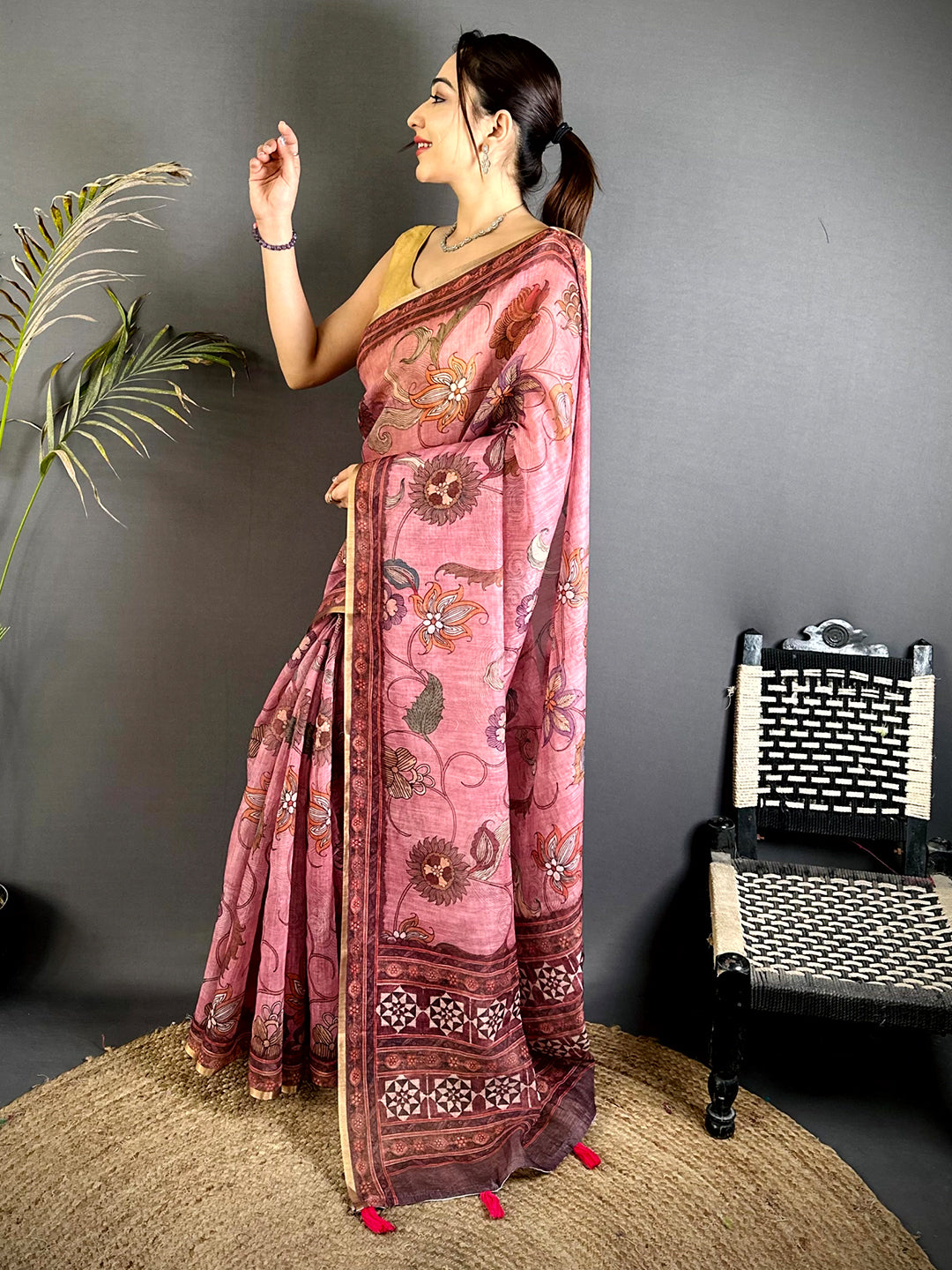 Classic Linen Tissue Ajrak Zari Saree
