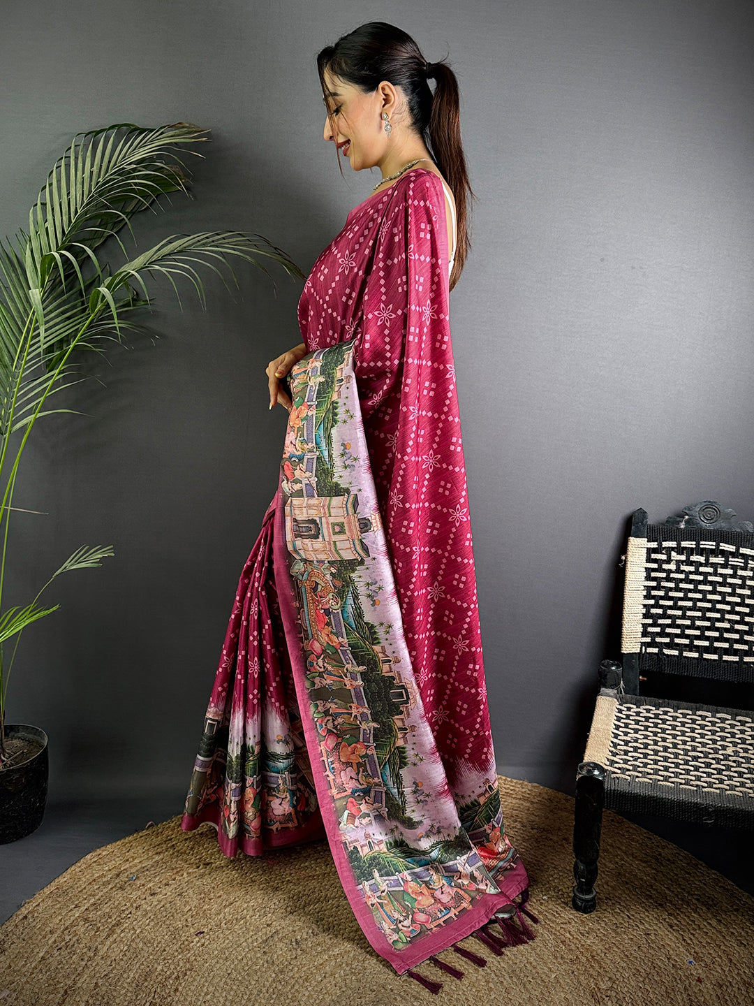 Magenta Kalamkari Digital Printed Saree