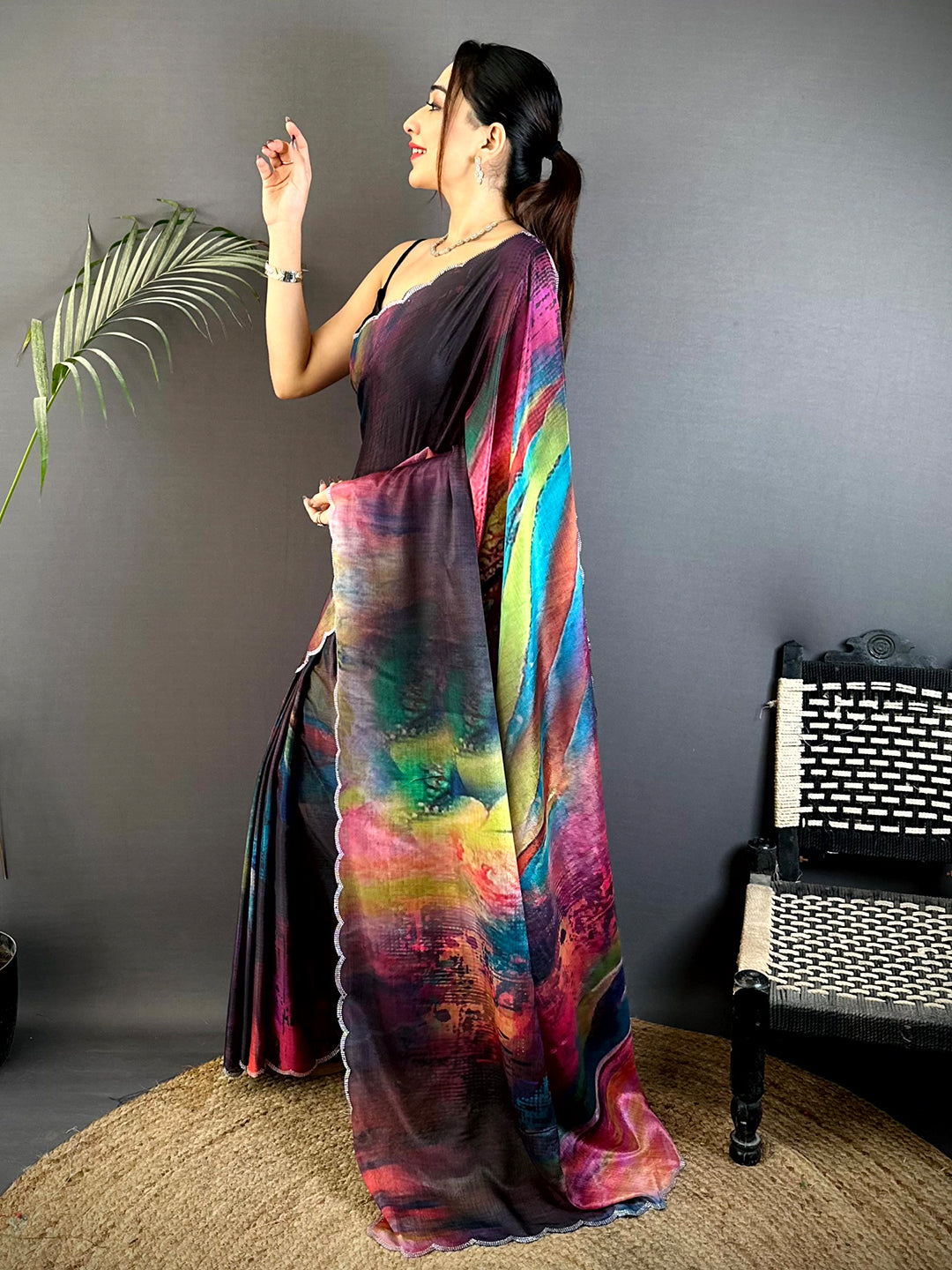 Regal Freehand Abstract Chinnon Saree