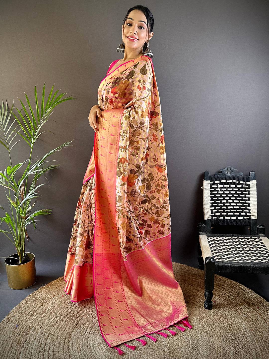 Light Peach Floral Paithani Kora Silk Saree