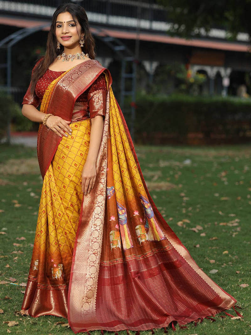 Mustard Colour Viscose Dola Silk Saree With Mughal Motifs - Luxe