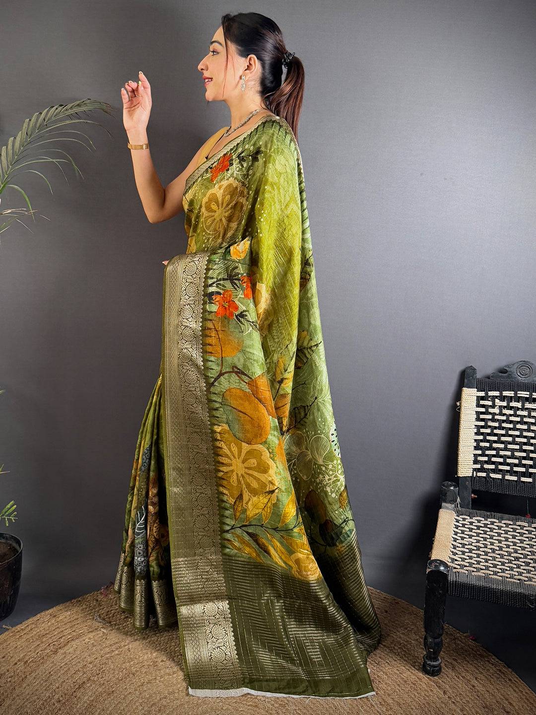 Serene Olive Floral Elegance Saree