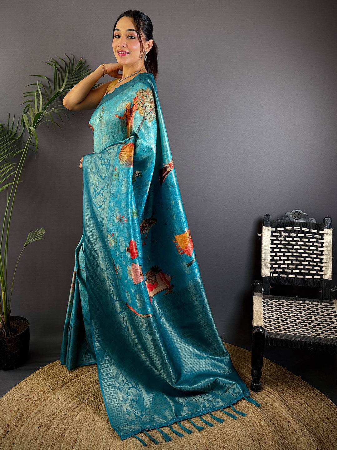 Dark Blue Kanjivaram Silk Digital Print Saree