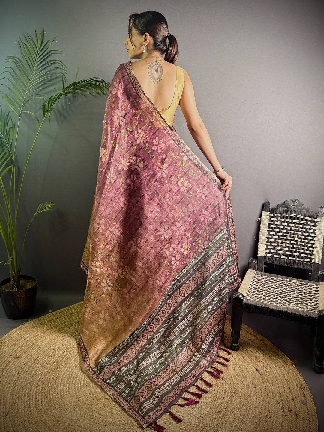 Maroon Linen Juth Digital Print Saree