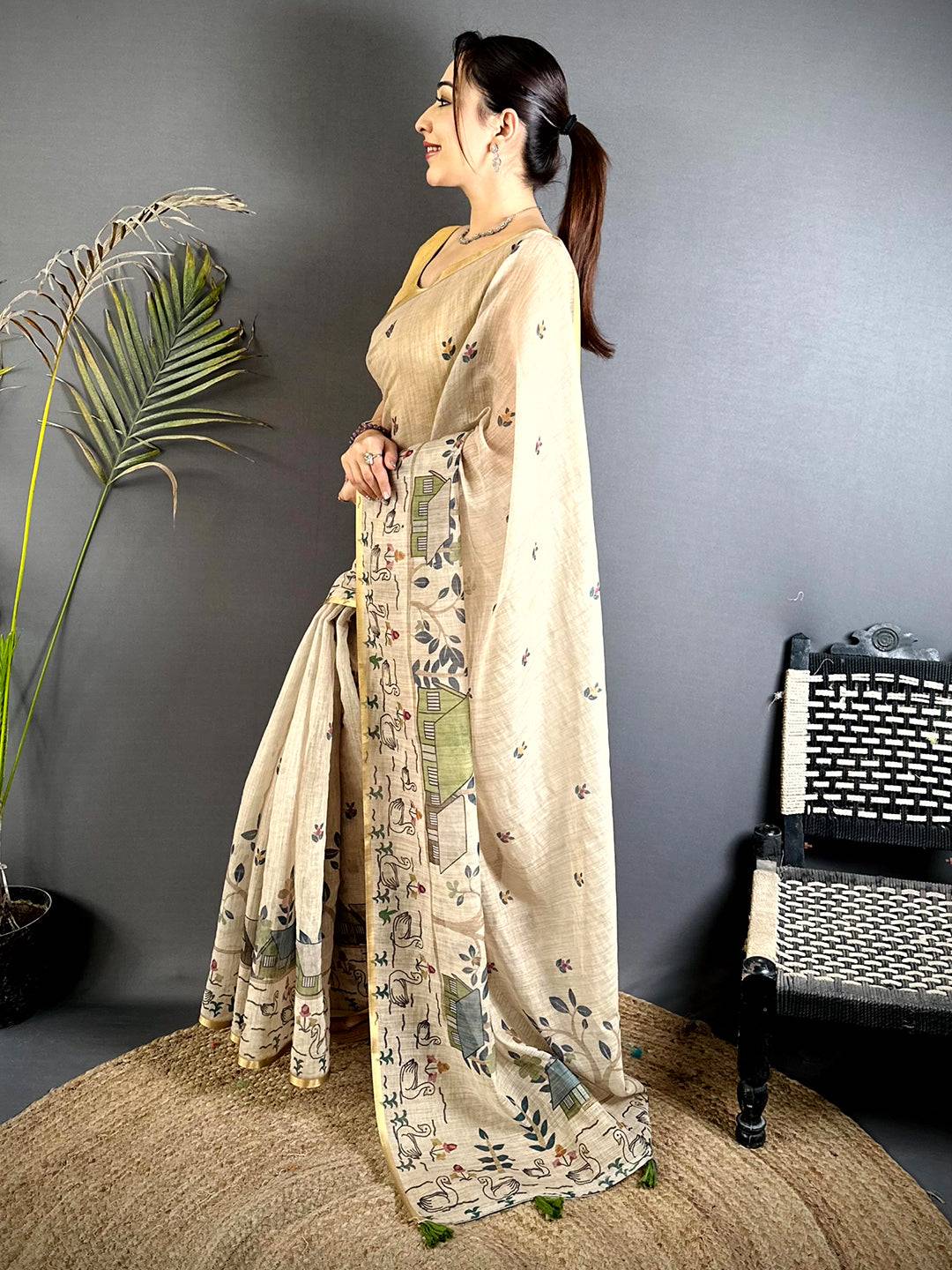 Beige Kalamkari Madhubani Print Saree