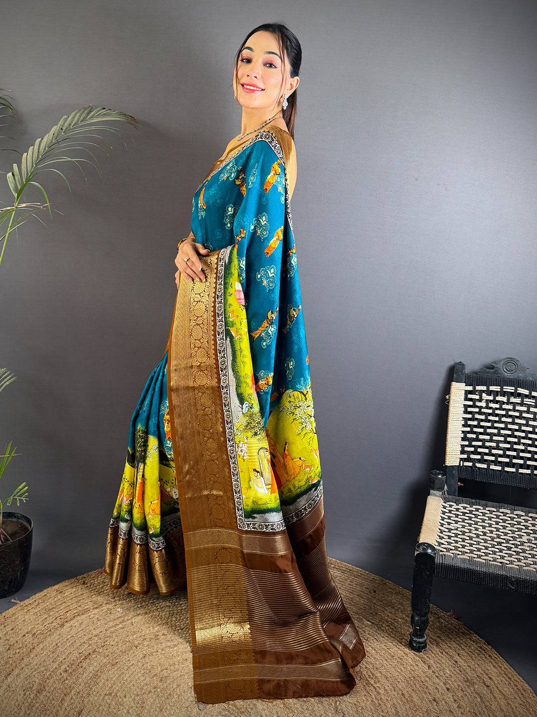 Teal Blue Viscose Pichwai Print Saree