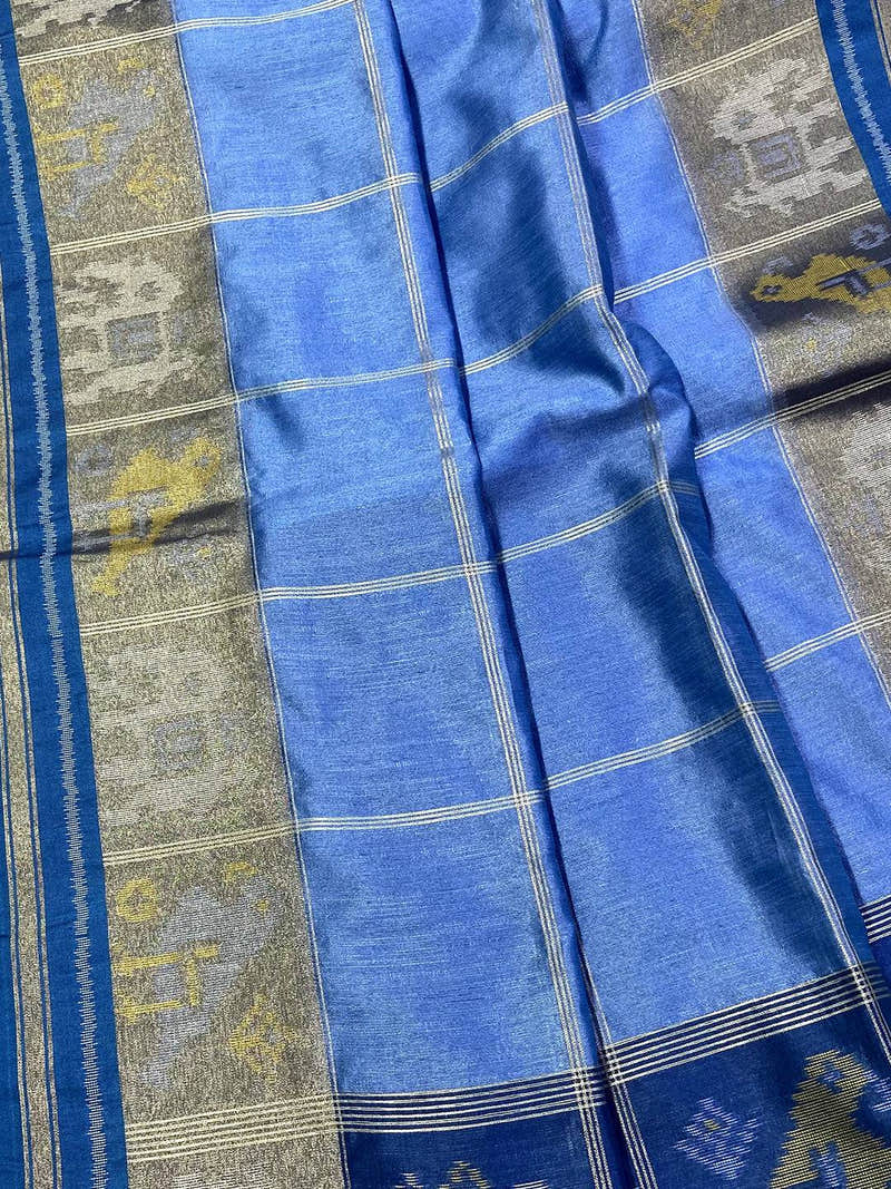 Blue Double Ikat Tussar Silk Saree