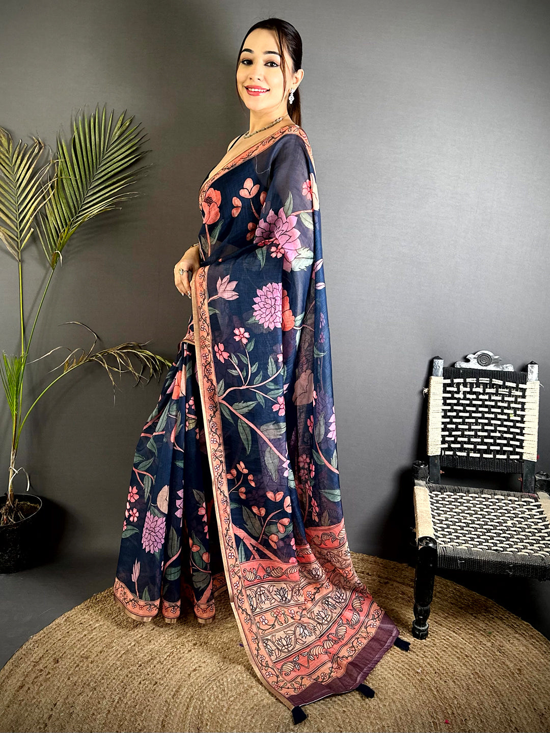 Navy Floral Soft Linen Summer Saree