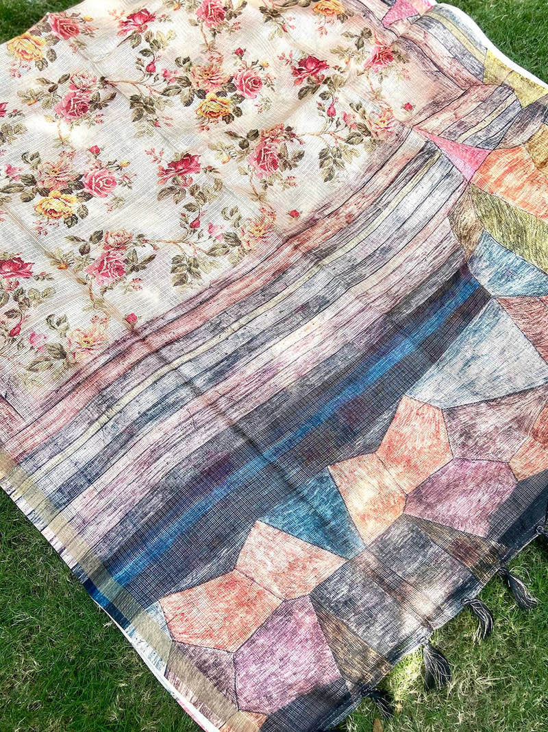 Light Peach Colour Soft Kota Doriya Silk Saree With Flower & Abstract Prints