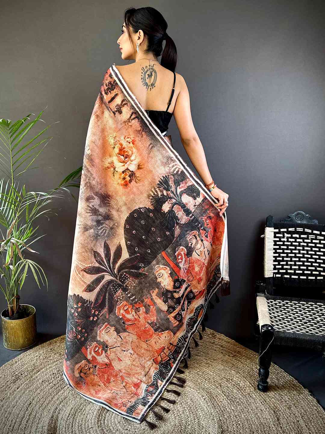 Peach Gold Zari Tussar Batik Print Saree