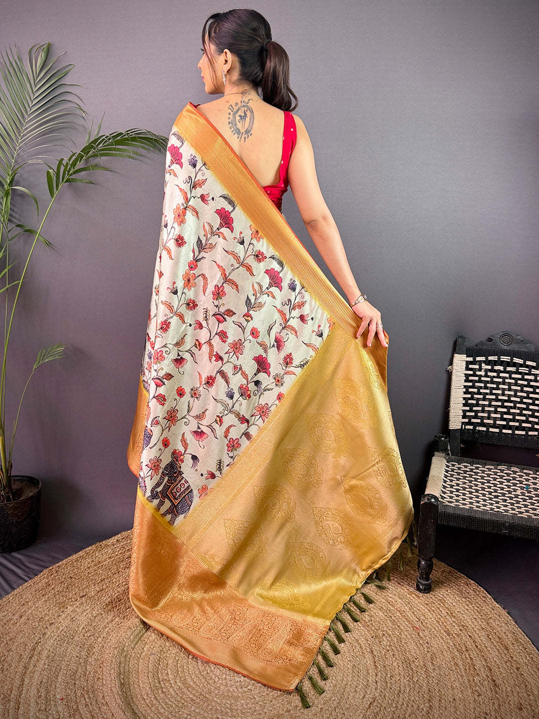 Mint Green Cherry Satin Kalamkari Saree