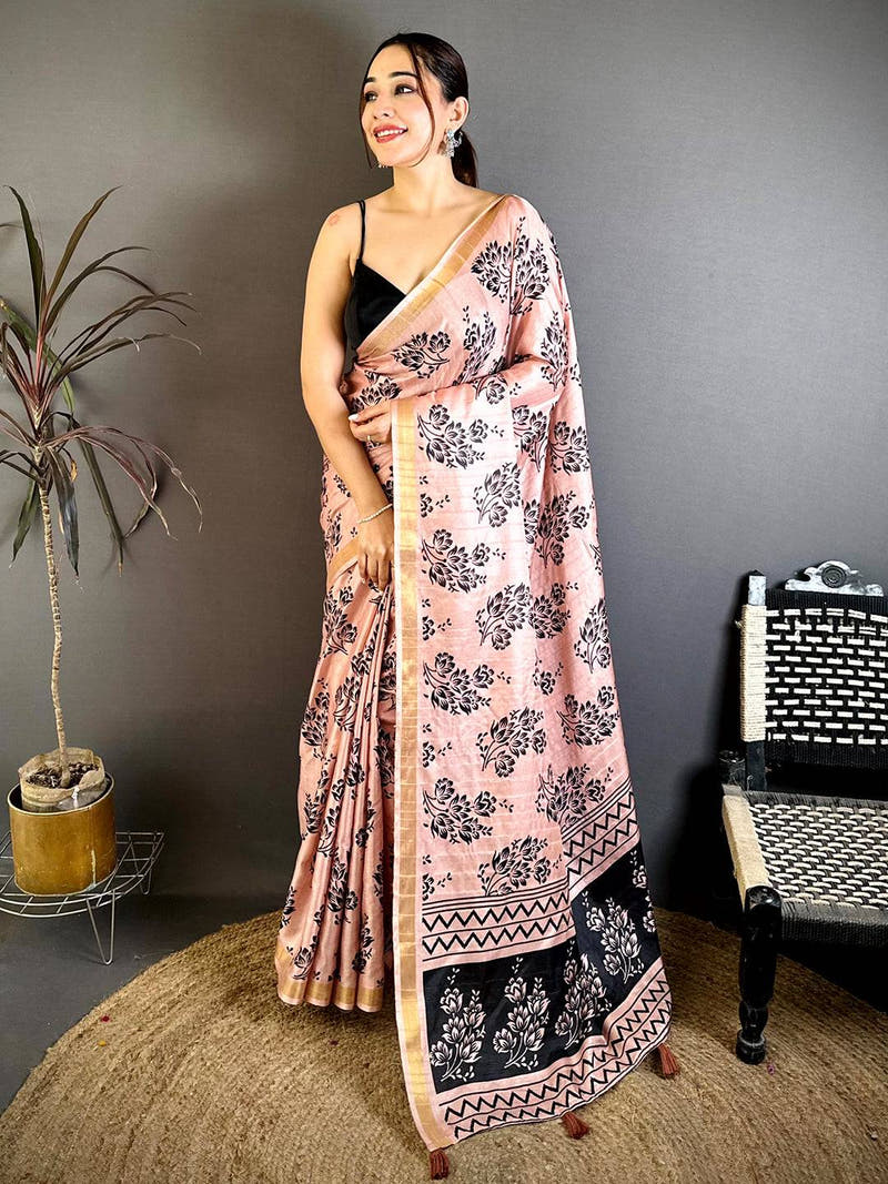 Soft Tussar Ghicha Black Floral Print Saree