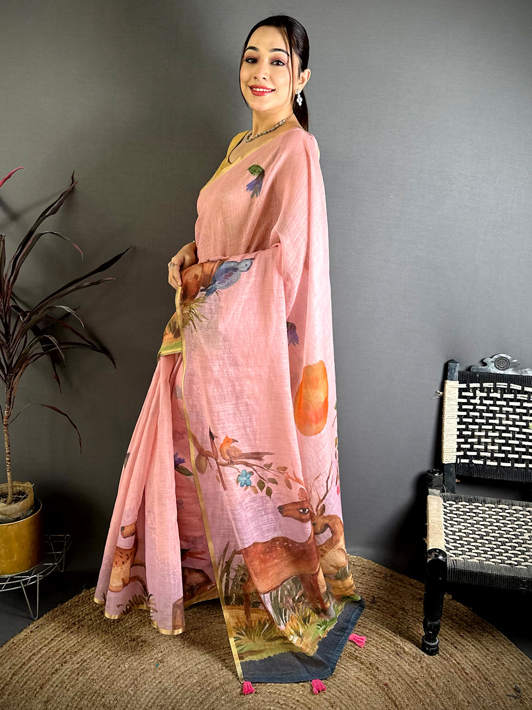 Blush Pink Animal Print Linen Chanderi Saree