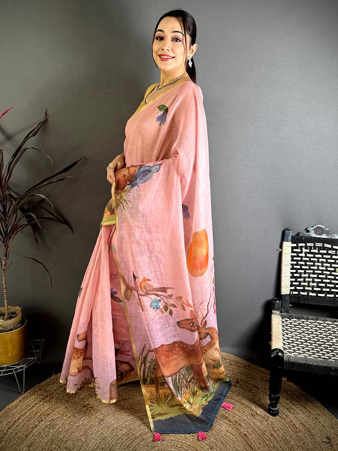 Blush Pink Animal Print Linen Chanderi Saree