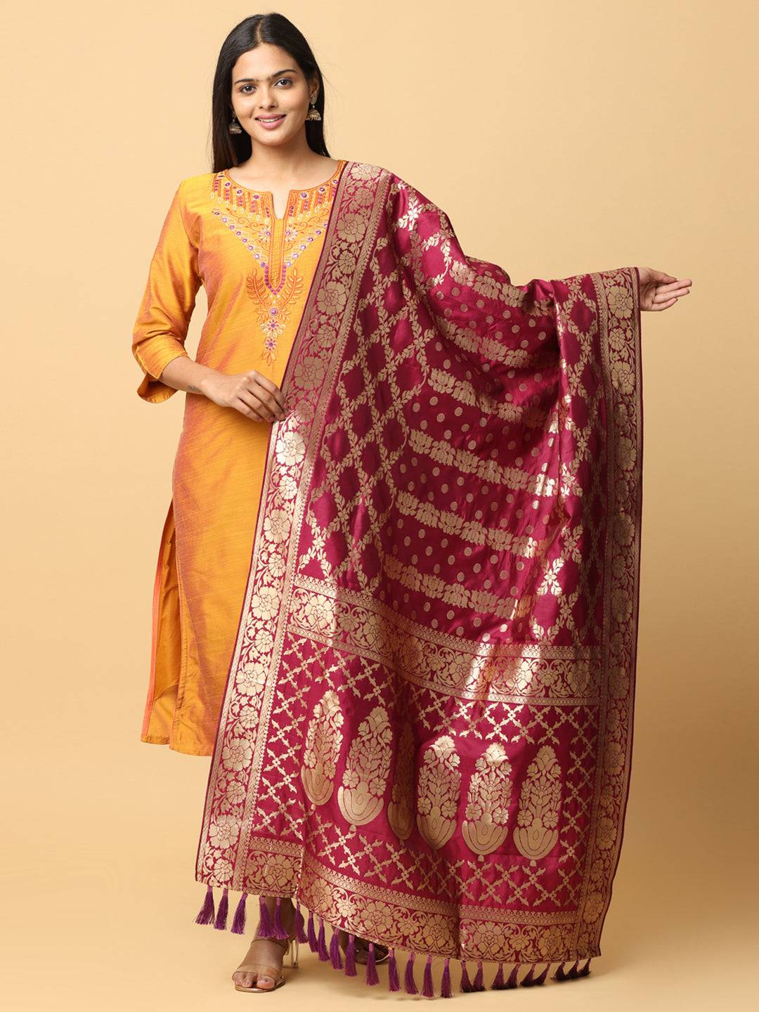 Traditional silk blend dupatta with woven design and resham tassels
