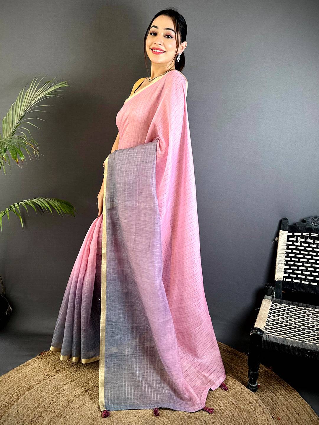 Majestic Linen 90 Zari Check Saree