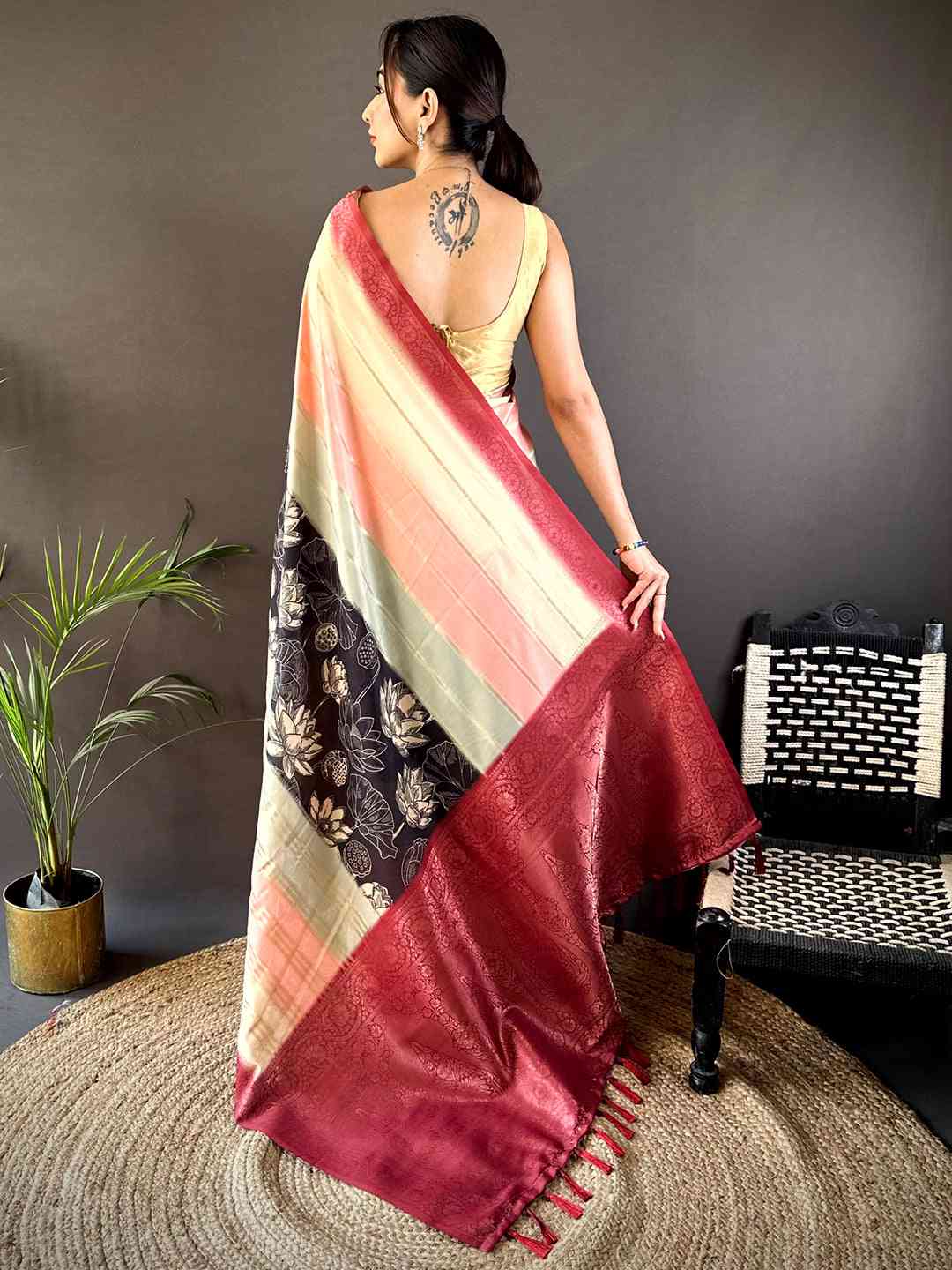 Cream Kalamkari Ombre Crepe Silk Saree