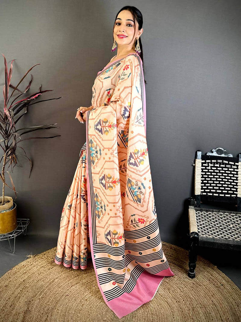 Vibrant Kalamkari Geometric Tussar Saree