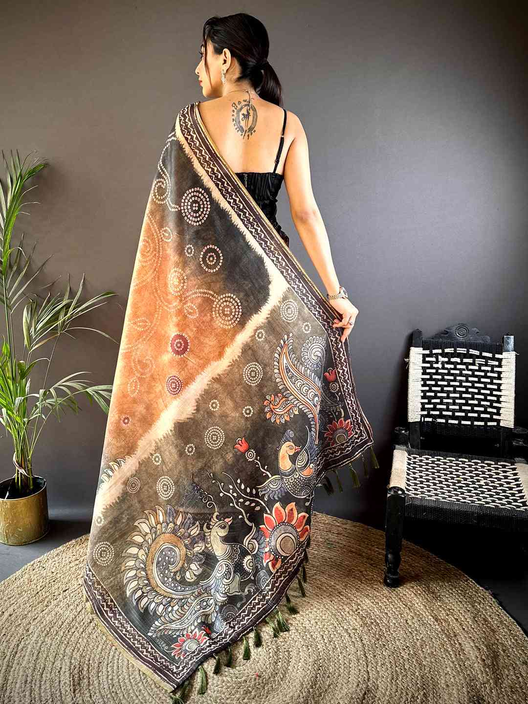 Orange Kalamkari Bandhani Chanderi Saree