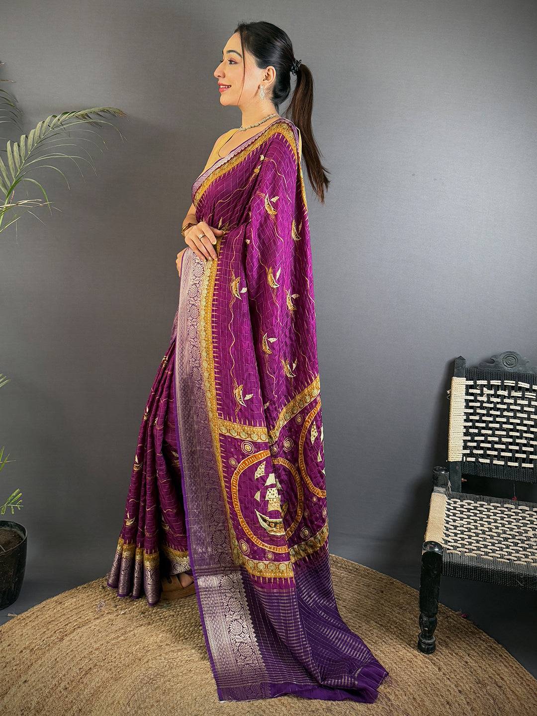 Royal Purple Viscose Block Print Saree