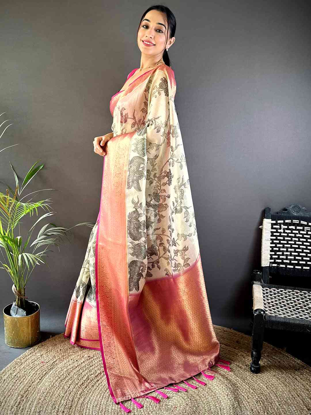 Black Kalamkari Gold Zari Tissue Saree