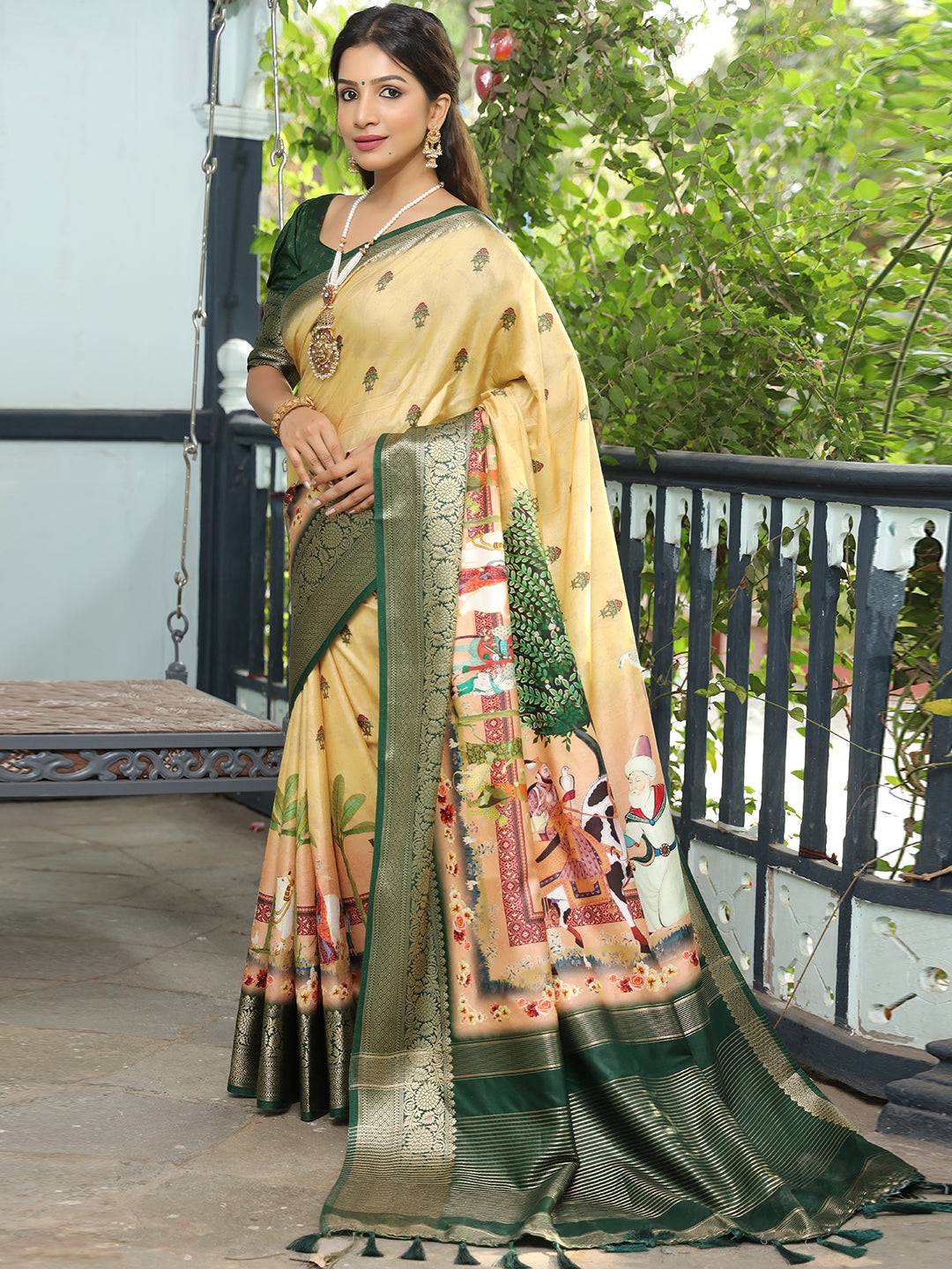 Viscose Dola Silk Yellow Saree with Floral and Mughal Print