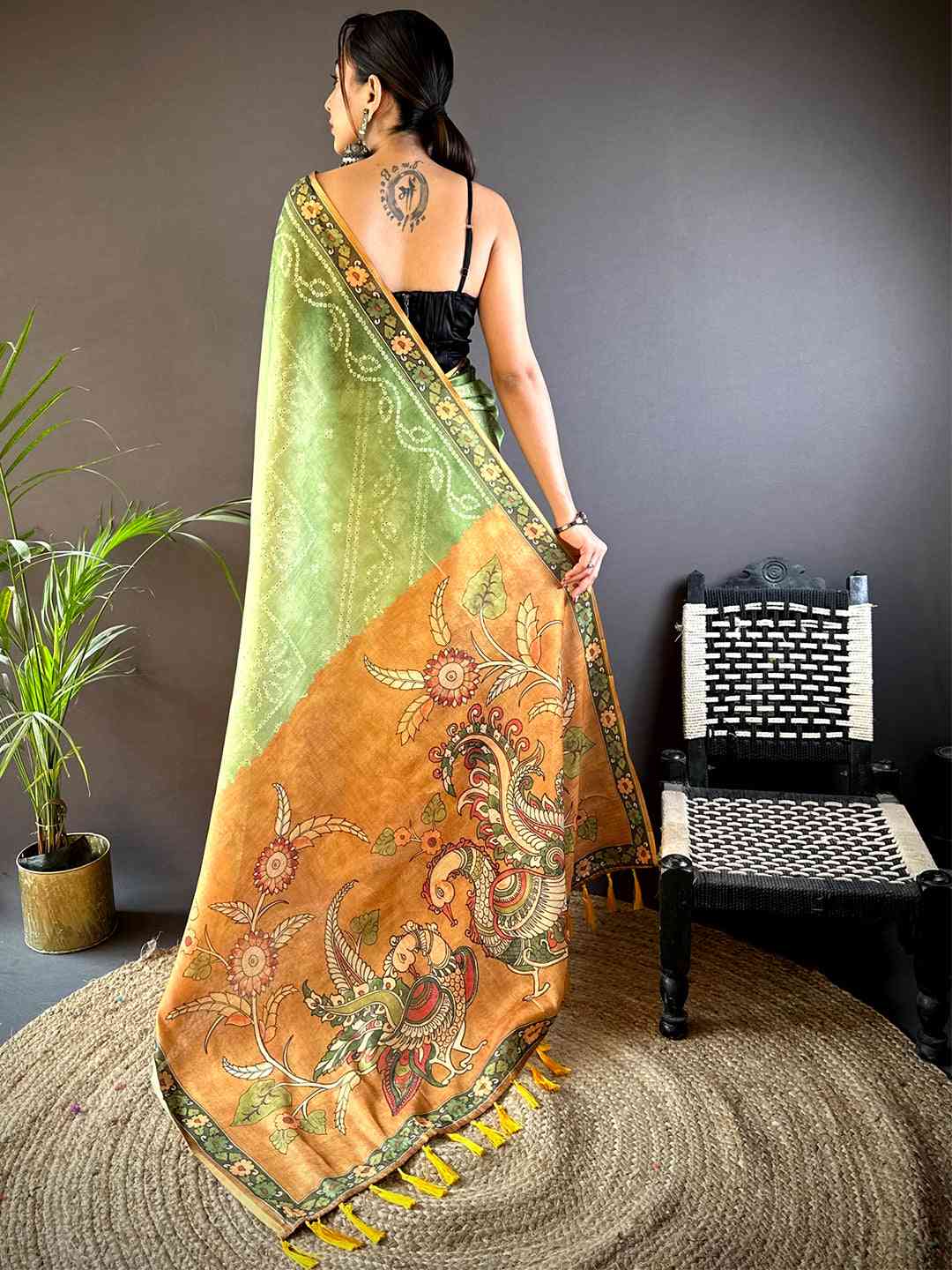 Pista Tissue Bandhej Kalamkari Saree