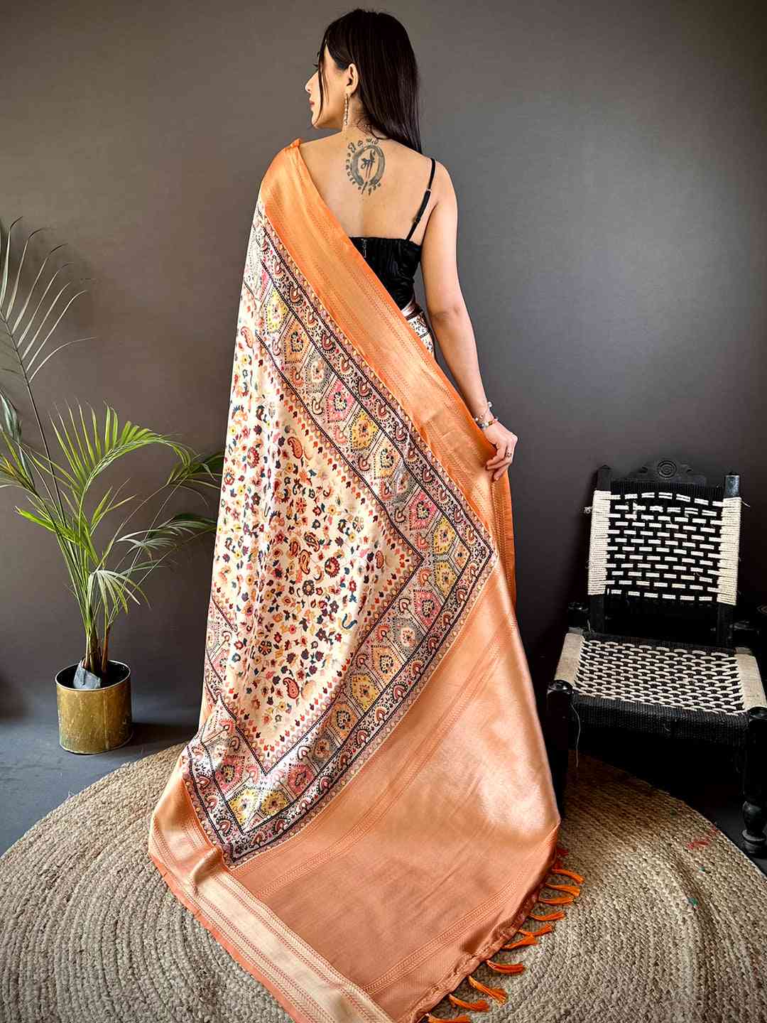 Light Orange Mughal Kalamkari Print Pashmina Saree
