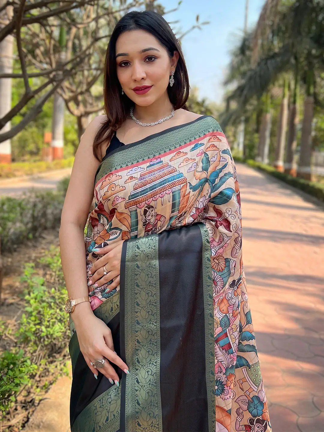 Stylish Banarasi silk saree showcasing colorful motifs and double border