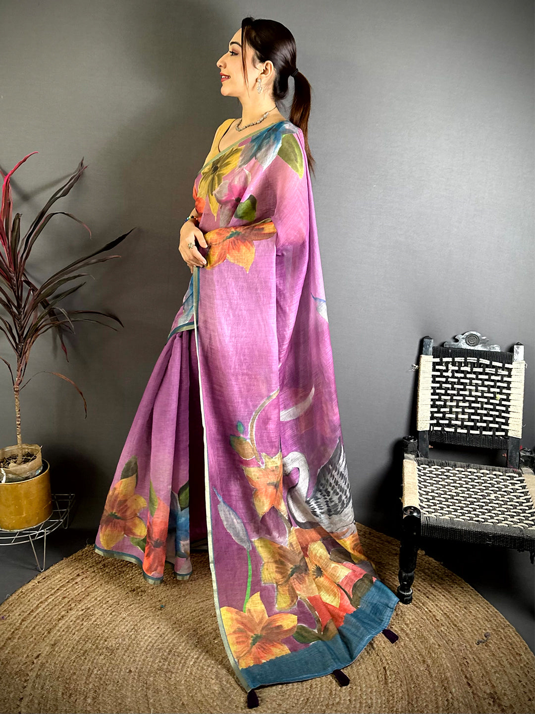 Majestic Kalamkari Linen Chanderi Saree