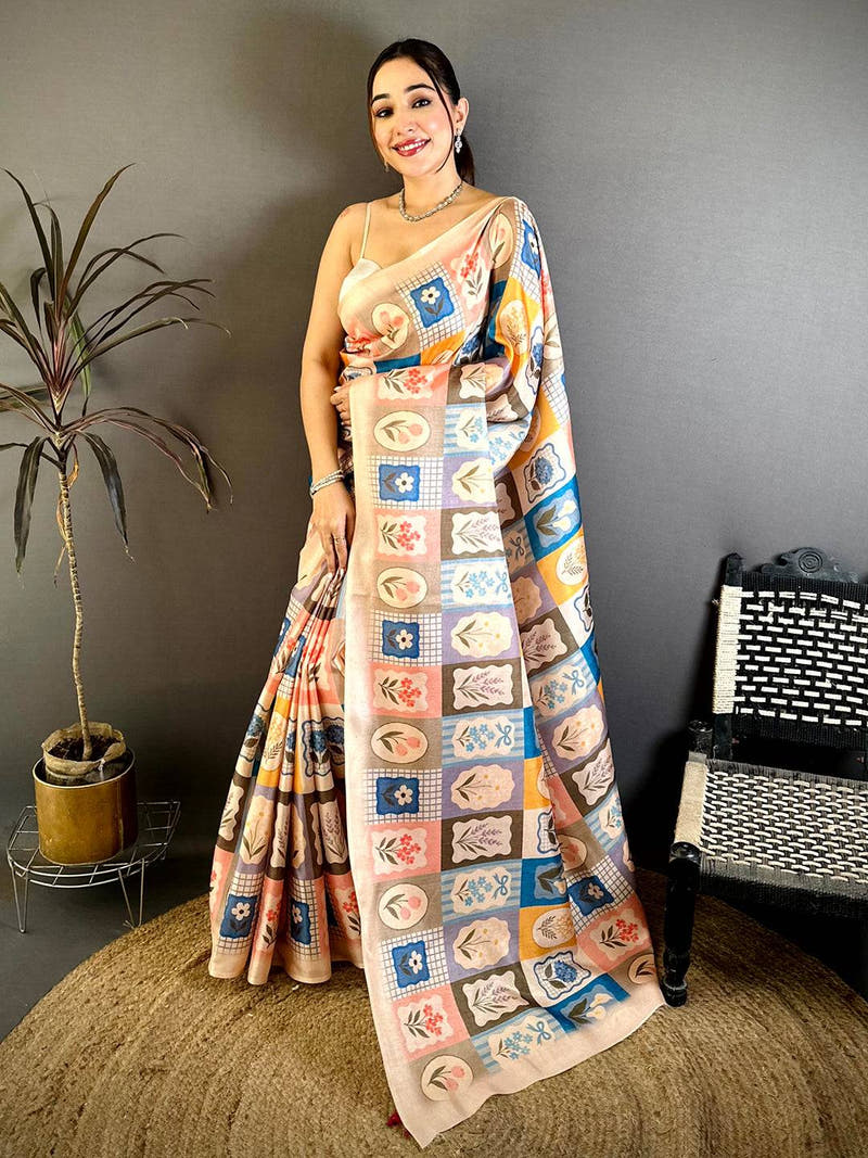 Tussar Multicolour Patchwork Grid Saree