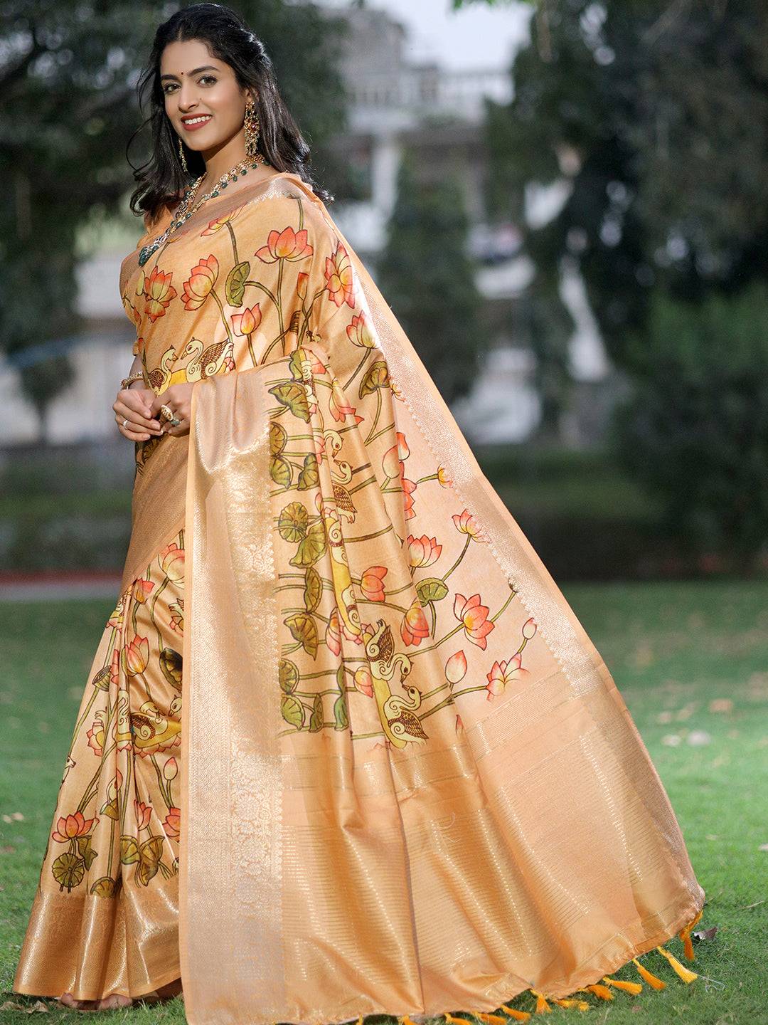 Peach Viscose Dola Silk Saree With Pichwai And Mughal Print