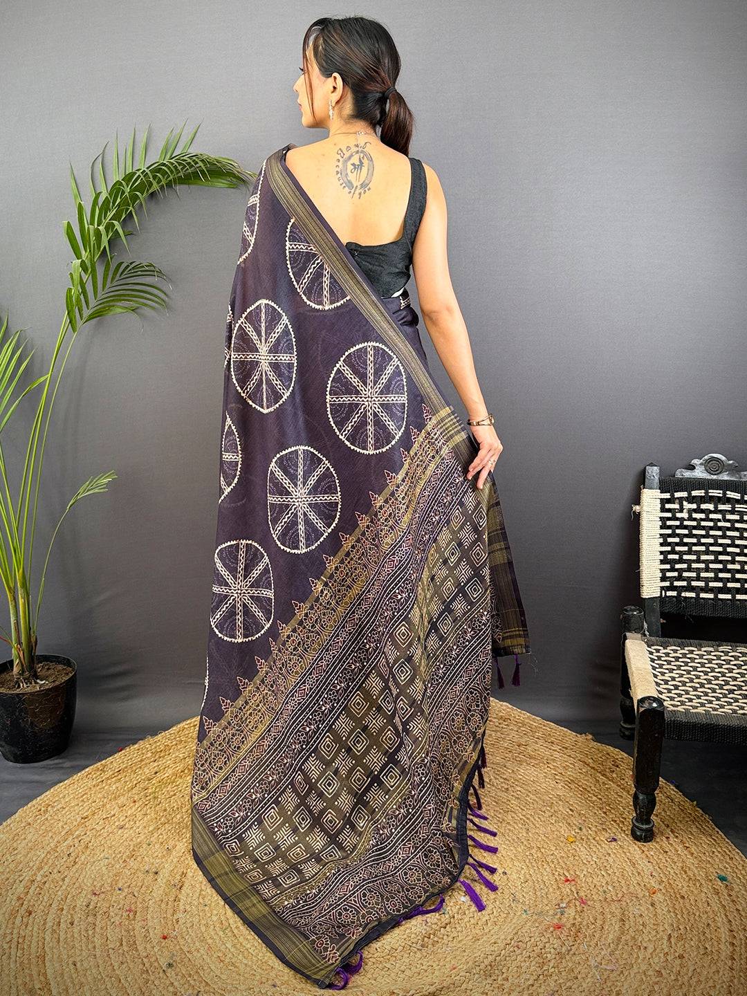 Black Linen Ajarak Print Saree