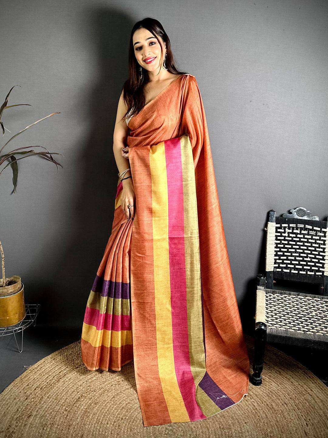 Stylish Ghicha Stripe Digital Tussar Saree