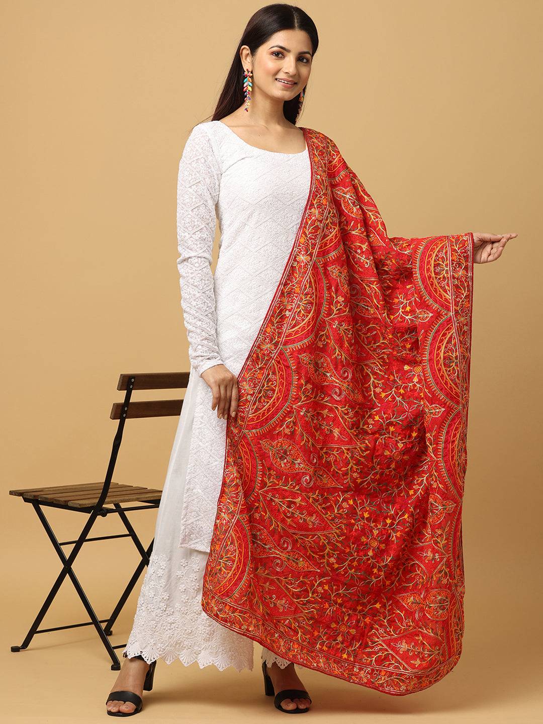 Red poly chiffon pashmina dupatta with intricate threadwork.