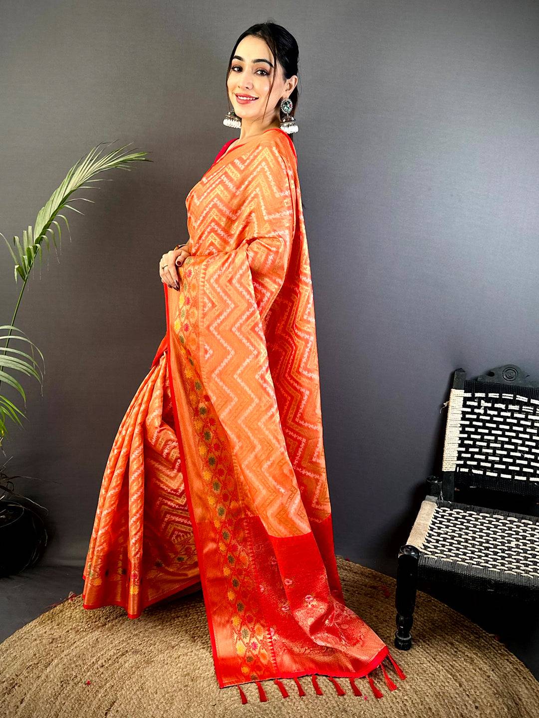 Peach Banarasi Zic Zac Katan Silk Saree